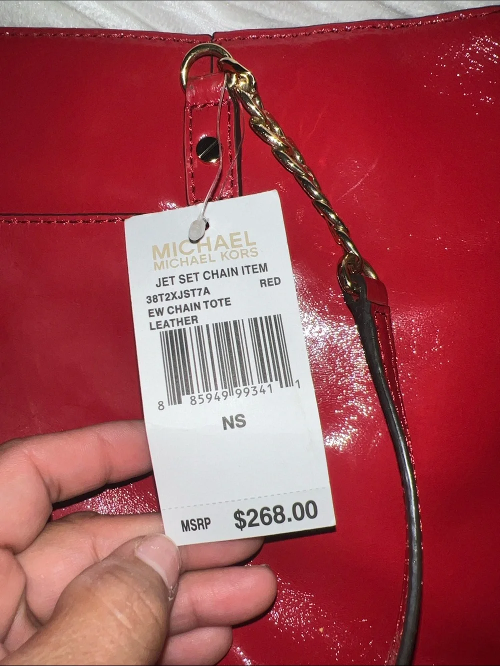 Michael Kors Shiny Red Patent Leather Shoulder Bag with Gold Chain Accents